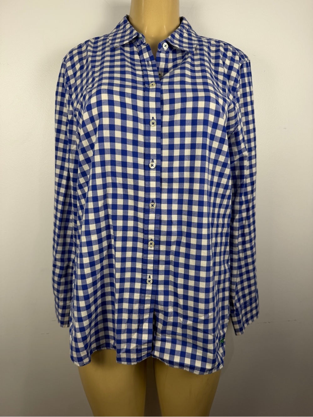 Talbots Gingham Plaid Shirt Sz L Button Front Blouse Top Blue Cotton Long Sleeve